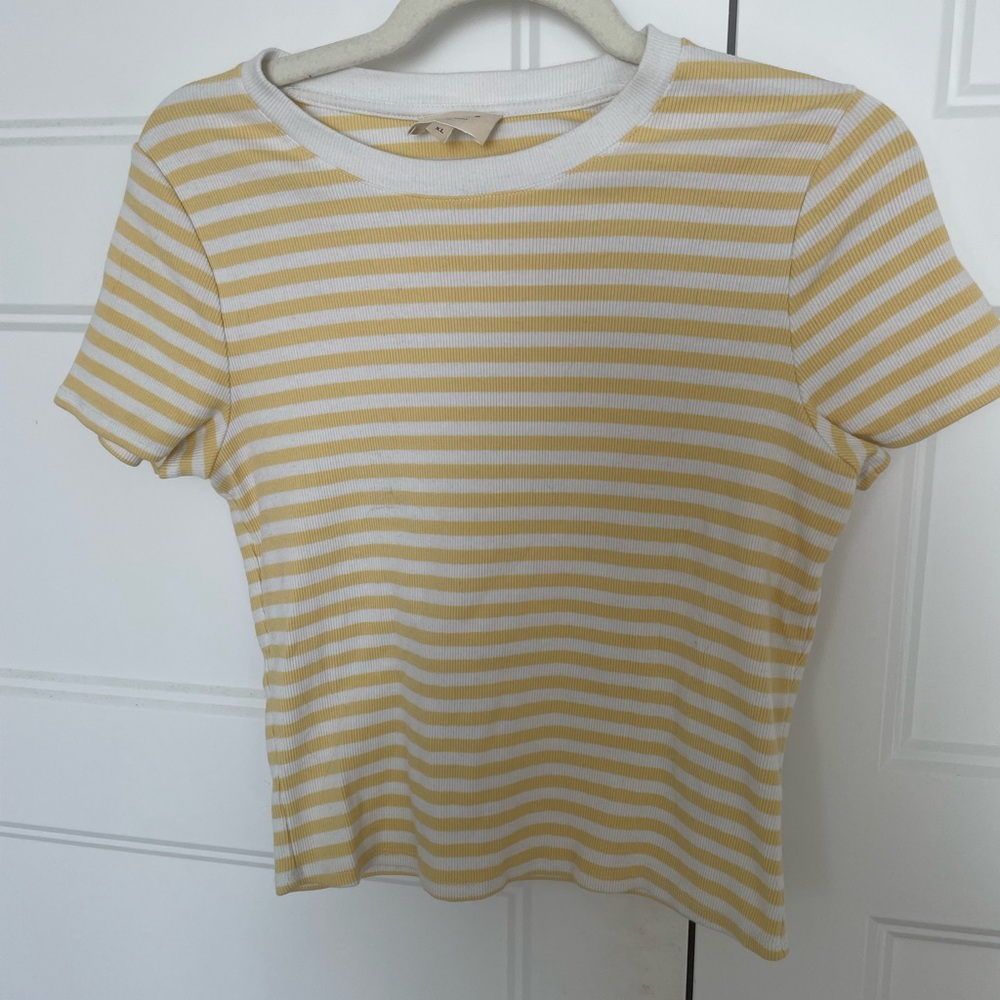 Sezane Yellow and White Striped Short Sleeve Tee